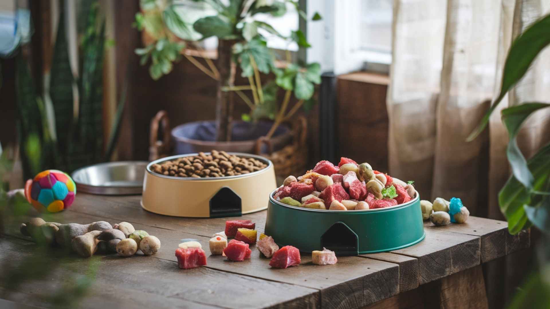 comedero con pienso y comedero con comida natural
